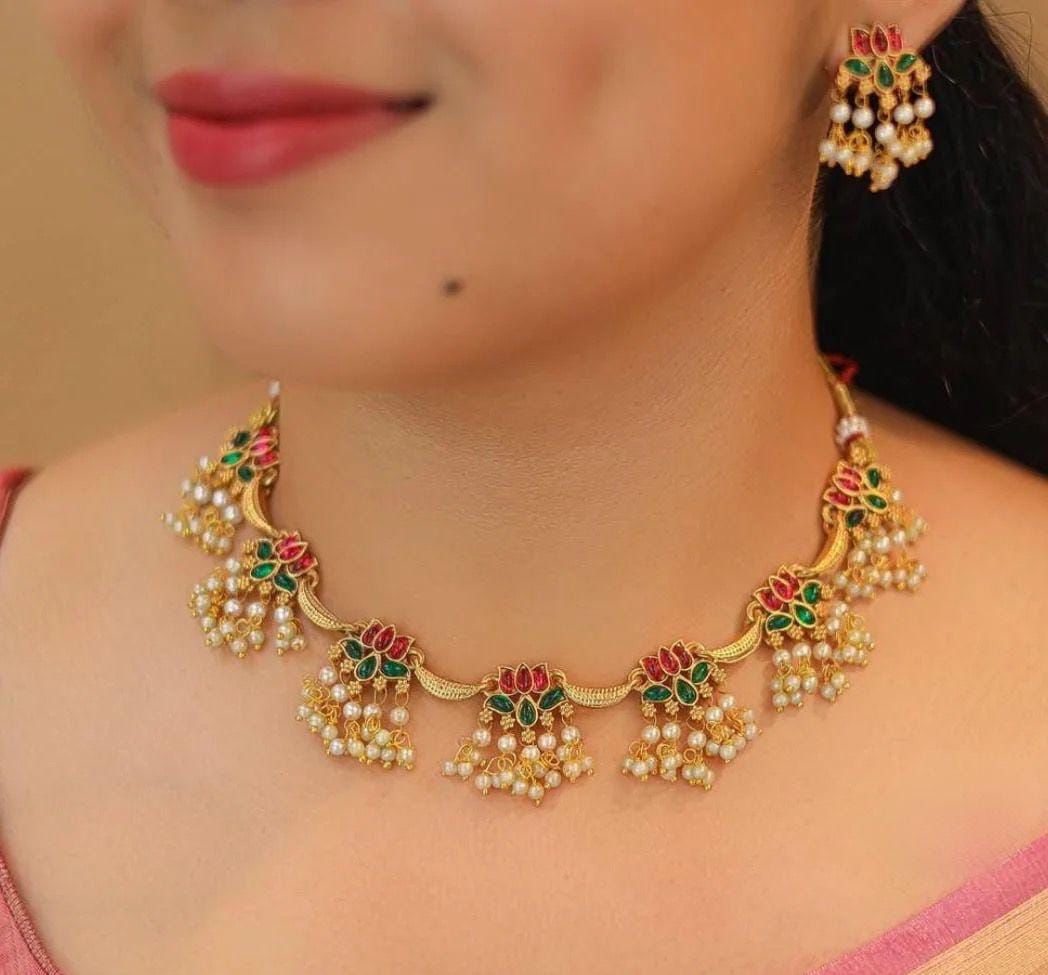 Jewel City Traditional Gold-Plated Lotus Necklace Set with Pearls for Women – Ethnic Wedding & Festive Jewelry - Distacart