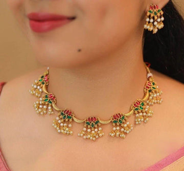 Jewel City Traditional Gold-Plated Lotus Necklace Set with Pearls for Women – Ethnic Wedding & Festive Jewelry - Distacart