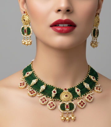 Jewel City Handcrafted Emerald Green Polki Necklace And Earrings Set - Distacart