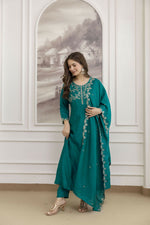 Thumbnail for The52 Rama Women's Beautiful Vichitra Silk Fabric Embroidered Work Flared Anarkali Pant and Dupatta Set - Distacart