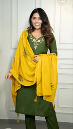 Thumbnail for Preksha Creation Premium Mehendi Roman Silk Embroidery Kurti Pant Dupatta Set