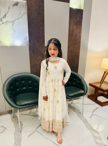 Teeya Creation New Kids Wedding Wear Heavy Embroidery Sequence Work Kurta Gown Set-White - Dista