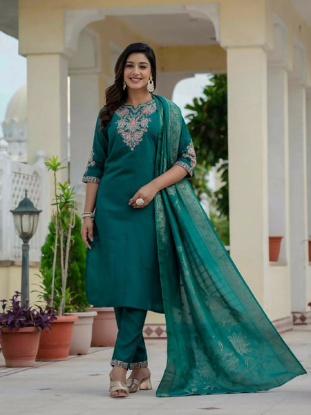 Preksha Creation Wedding Special Premium Roman Silk Coding Embroidery With Sequins Work Kurti Dupatta With Pant