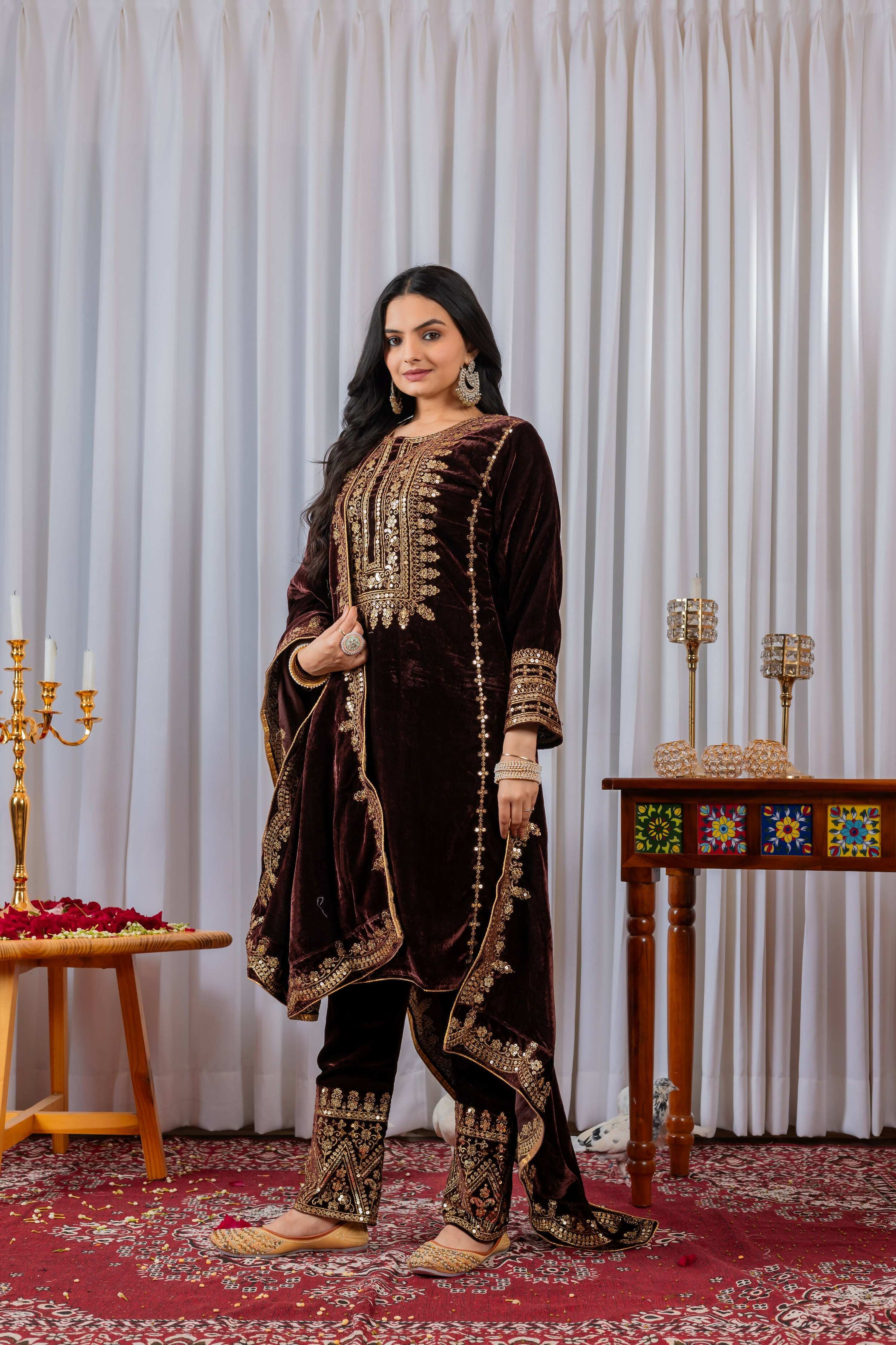 Teeya Creation Maroon Color Velvet Designer Embroidery Work party Wear Suit - Distacart