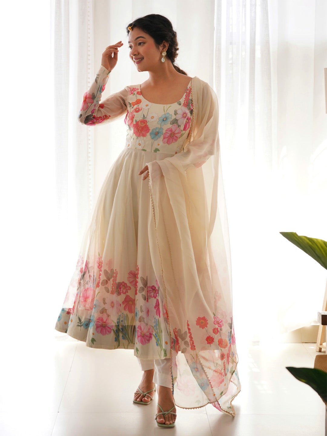 Evanik Cream Soft Organza Silk With Floral Print Fully Flared Anarkali Pant With Dupatta Set