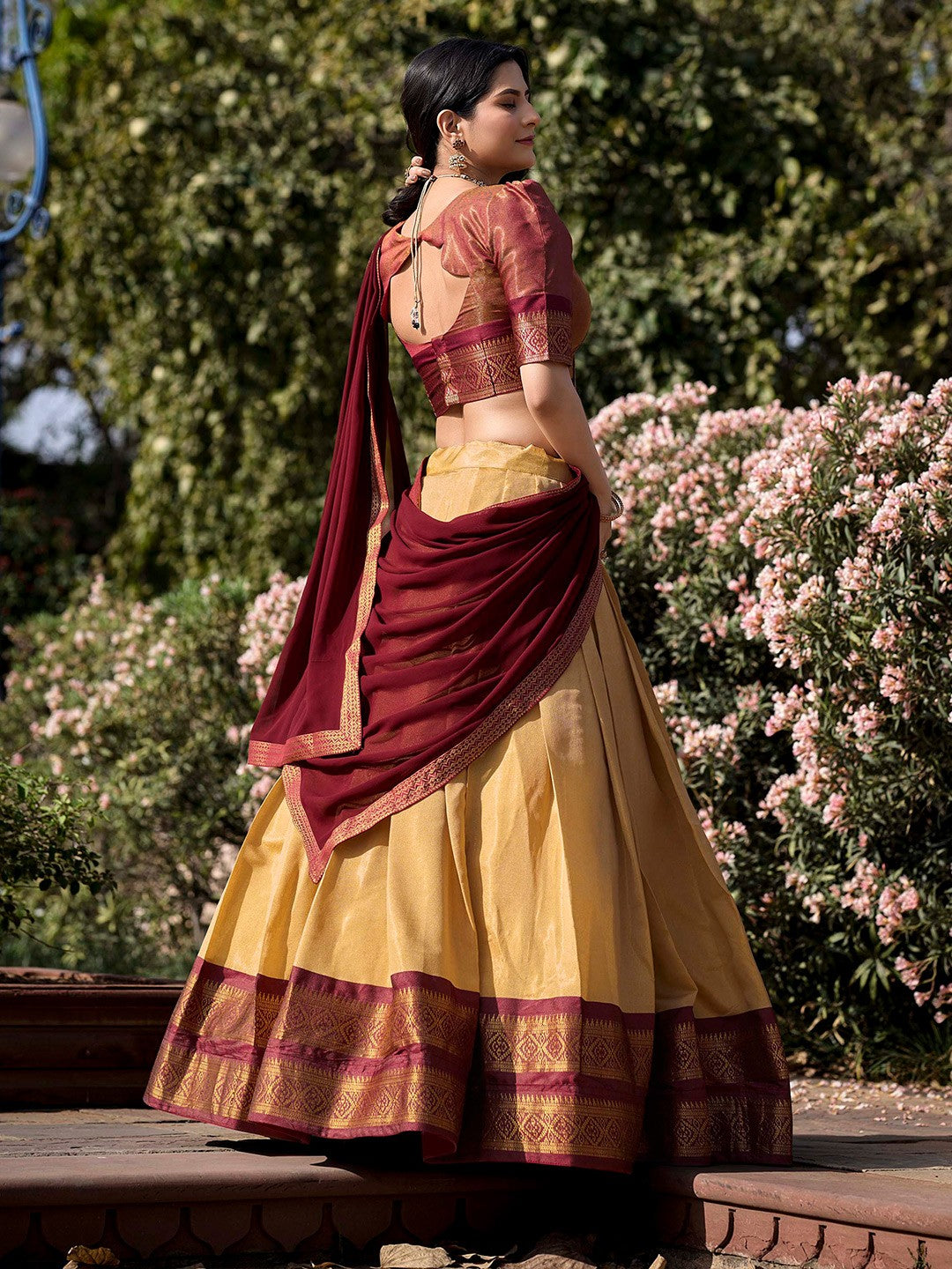 Lorenvalley Cream Kanchipuram Zari Weaving Work Lehenga Choli with Dupatta - Distacart