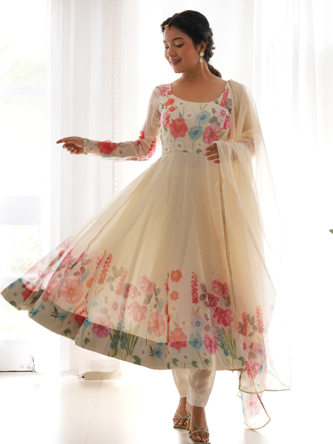 Evanik Cream Soft Organza Silk With Floral Print Fully Flared Anarkali Pant With Dupatta Set