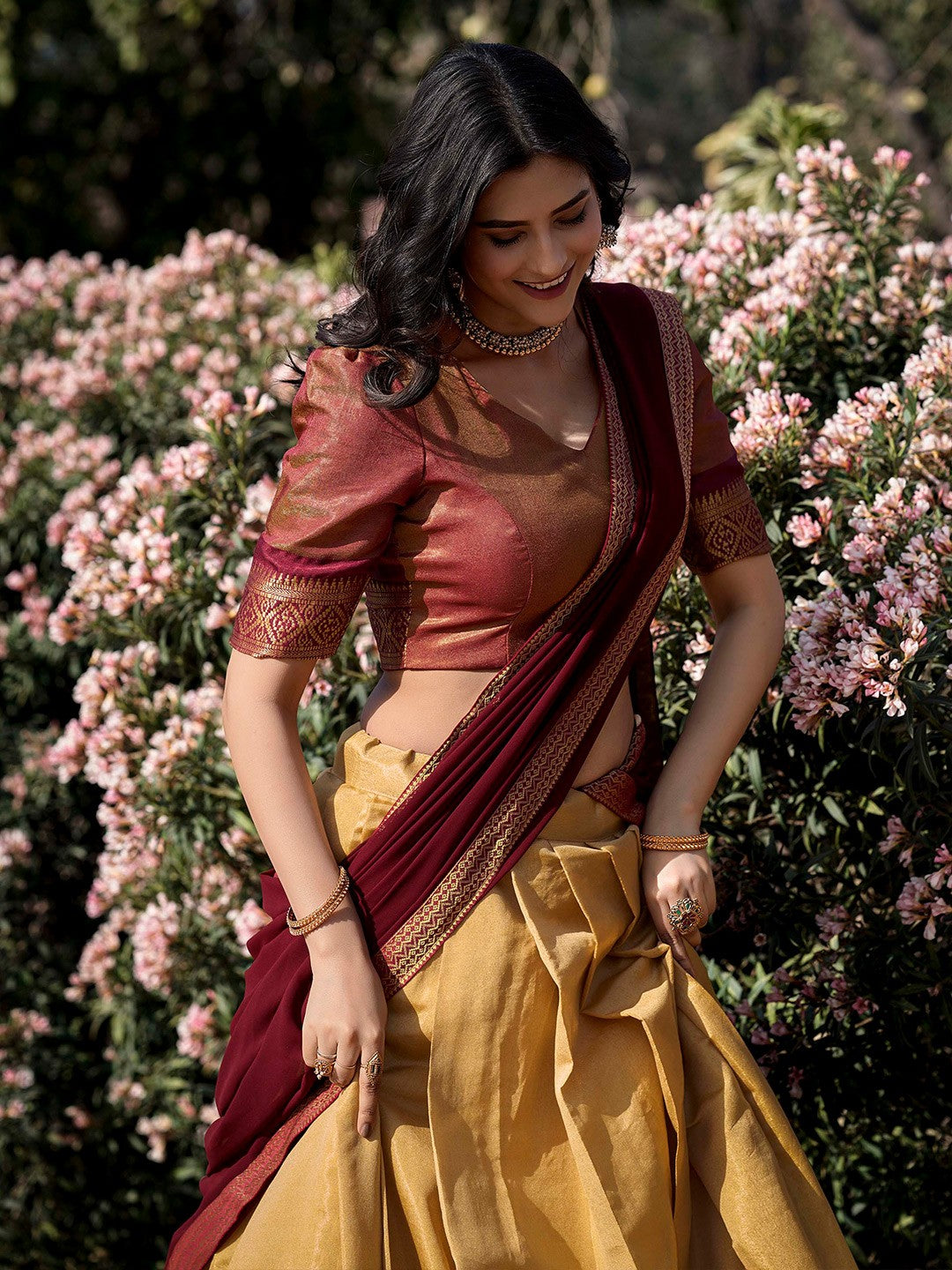 Evanik Women South-Style Kanchipuram Silk Stitched Lehenga With Unstitched Blouse & Dupatta