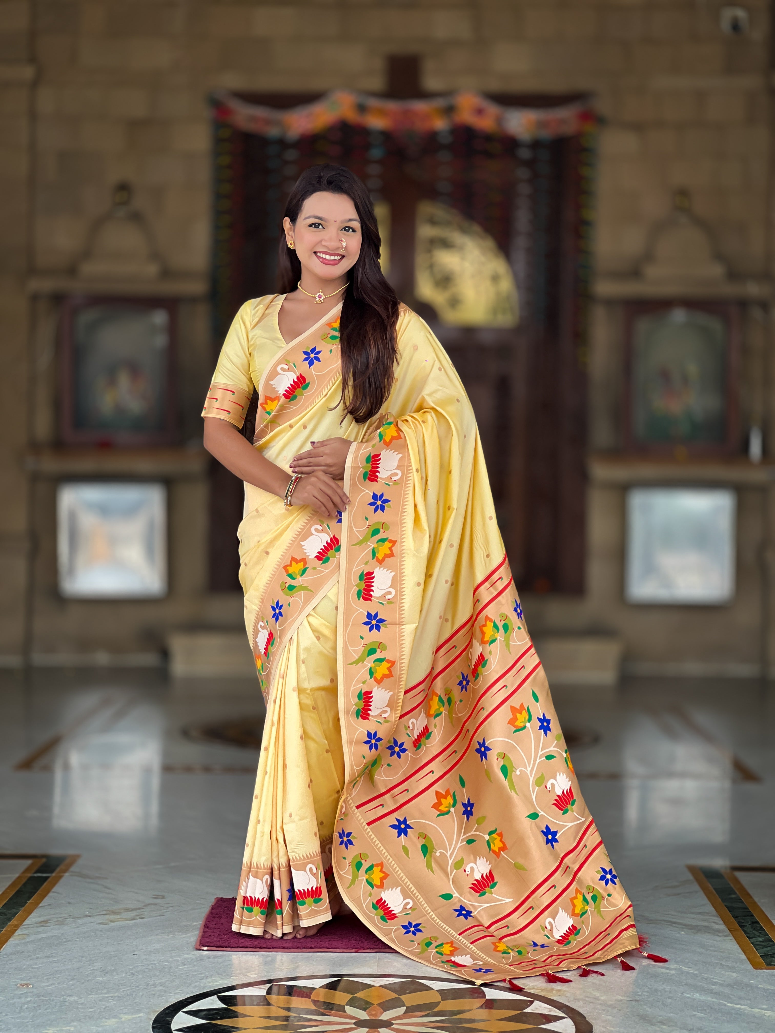 Mameraa Sarees Cream Faux Banarasi Silk Saree With Paithani Rich Weaved Pallu And Blouse-Cream - Dista