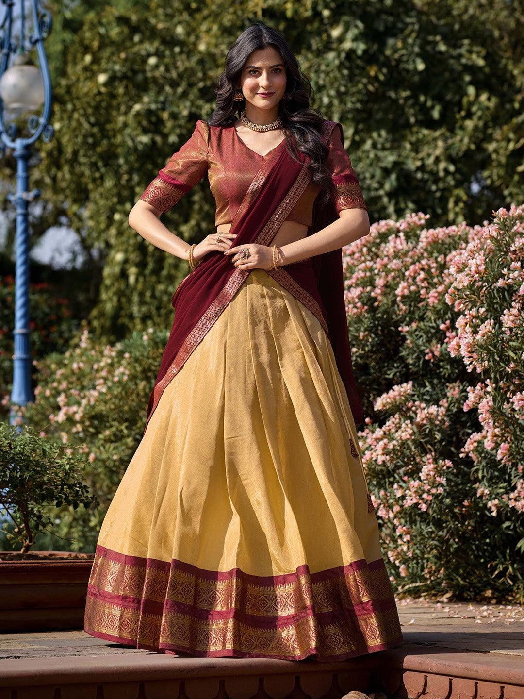 Evanik Women South-Style Kanchipuram Silk Stitched Lehenga With Unstitched Blouse & Dupatta