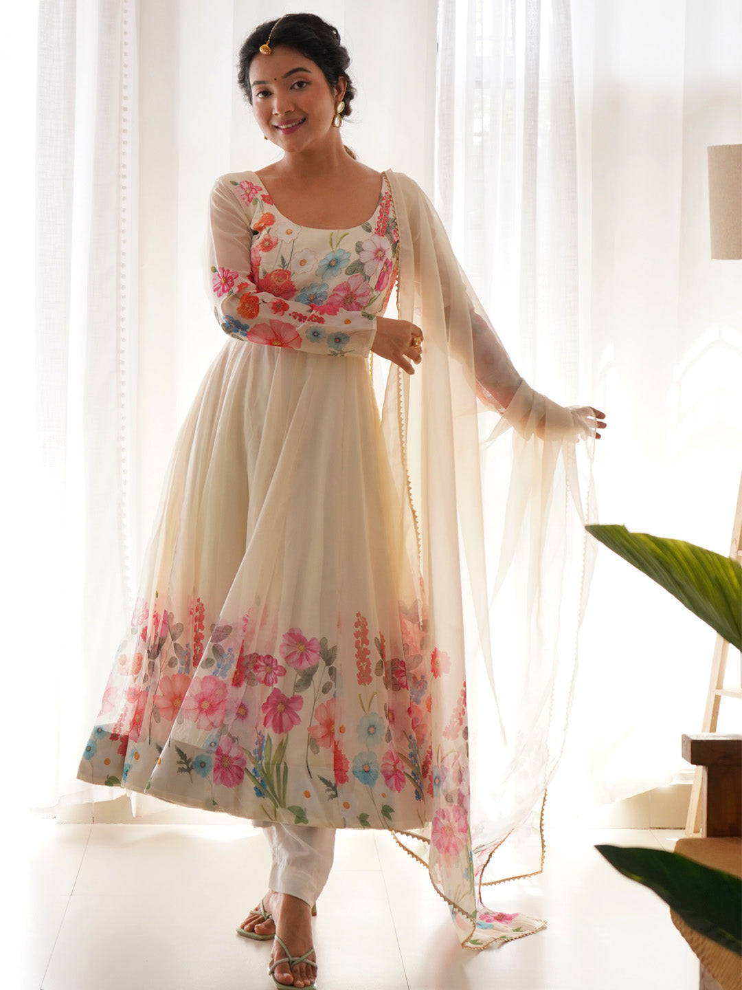Evanik Cream Soft Organza Silk With Floral Print Fully Flared Anarkali Pant With Dupatta Set