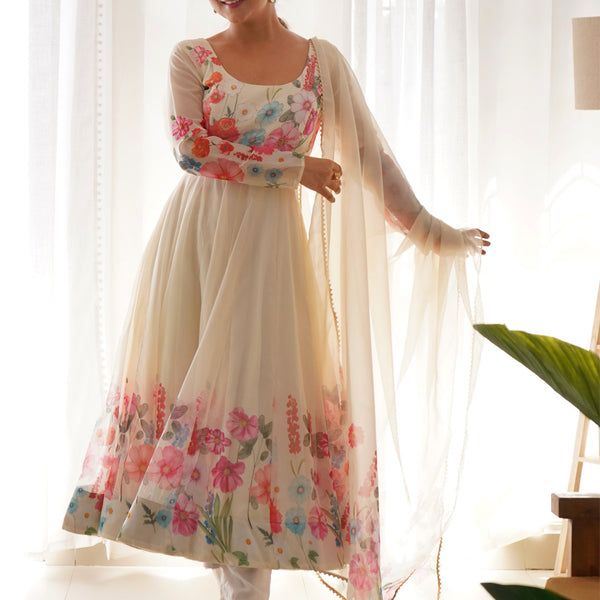 Evanik Cream Soft Organza Silk With Floral Print Fully Flared Anarkali Pant With Dupatta Set