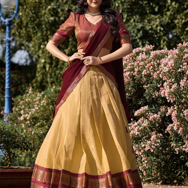 Lorenvalley Cream Kanchipuram Zari Weaving Work Lehenga Choli with Dupatta - Distacart