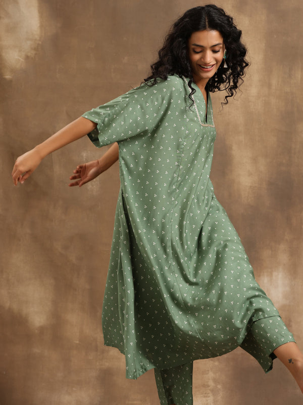 trueBrowns Light Green Bandhani Printed Silk Oversized Kurta Pant Set - Distacart