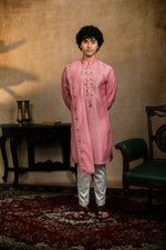Thumbnail for Falling Raw Silk Pink Gulab Pakshi Kurta Set By Hilo Design