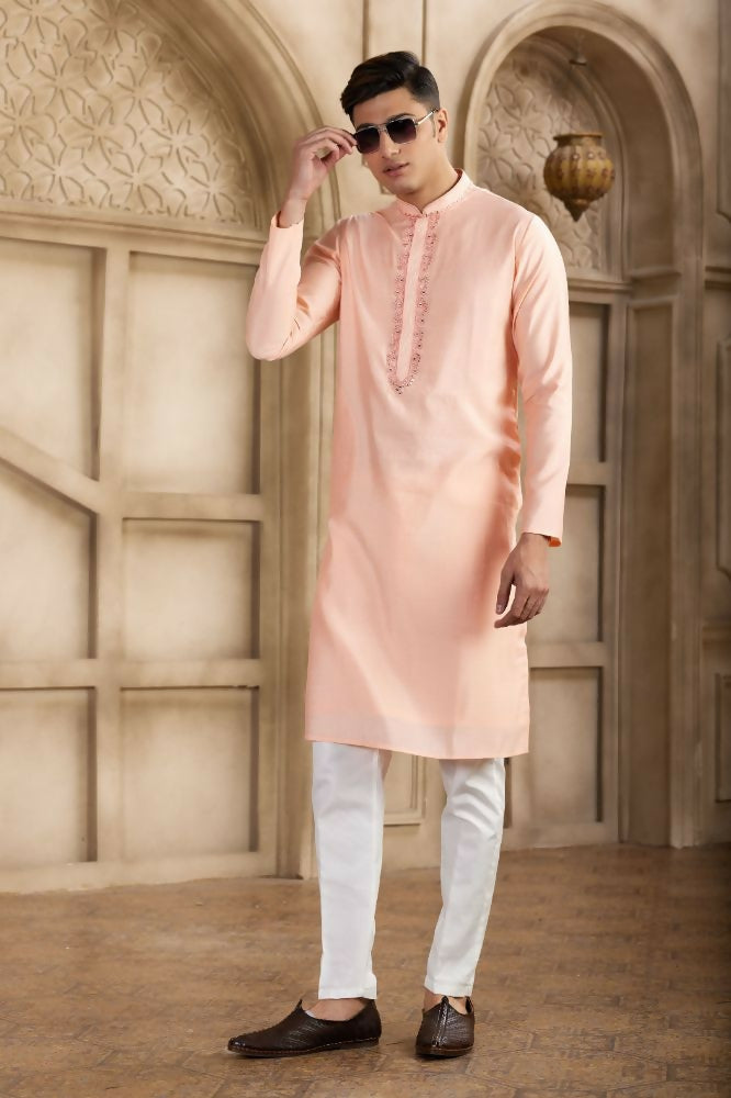 Raivat Ethnic Banarasi Art Silk Mirror Work Kurta Pajama In Pink Colour