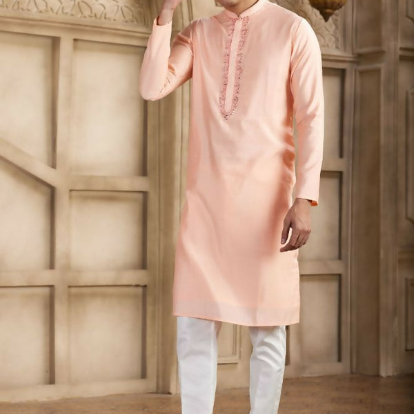 Raivat Ethnic Banarasi Art Silk Mirror Work Kurta Pajama In Pink Colour