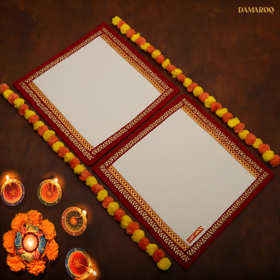 Damaroo Set of 2 | 2x2 ft | Exquisite Nylon Pooja Aasan | Red Sequins Border - Cream - Distacart