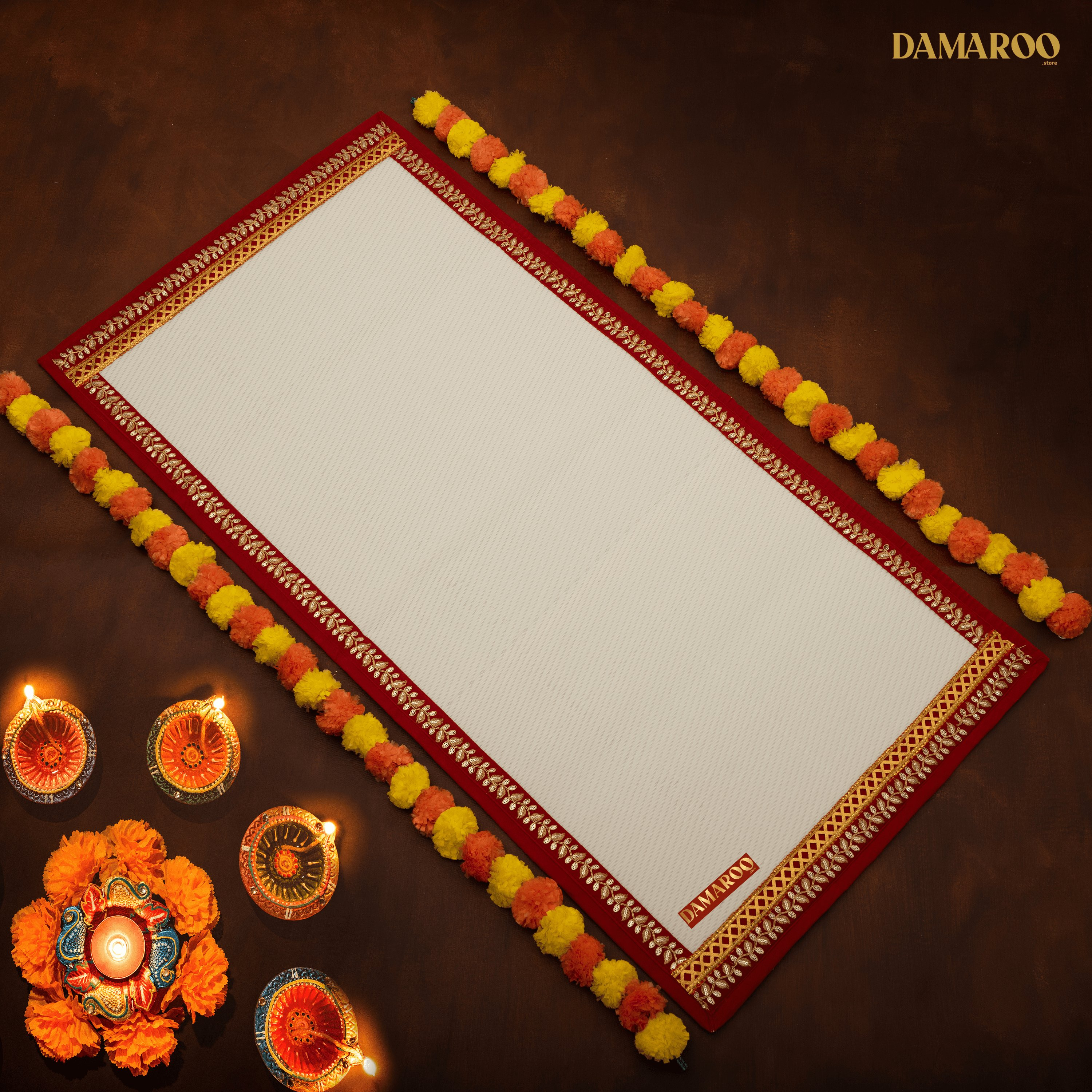 Damaroo 2x4 ft | Exquisite Nylon Pooja Mat | Red Sequins Border - Cream - Distacart