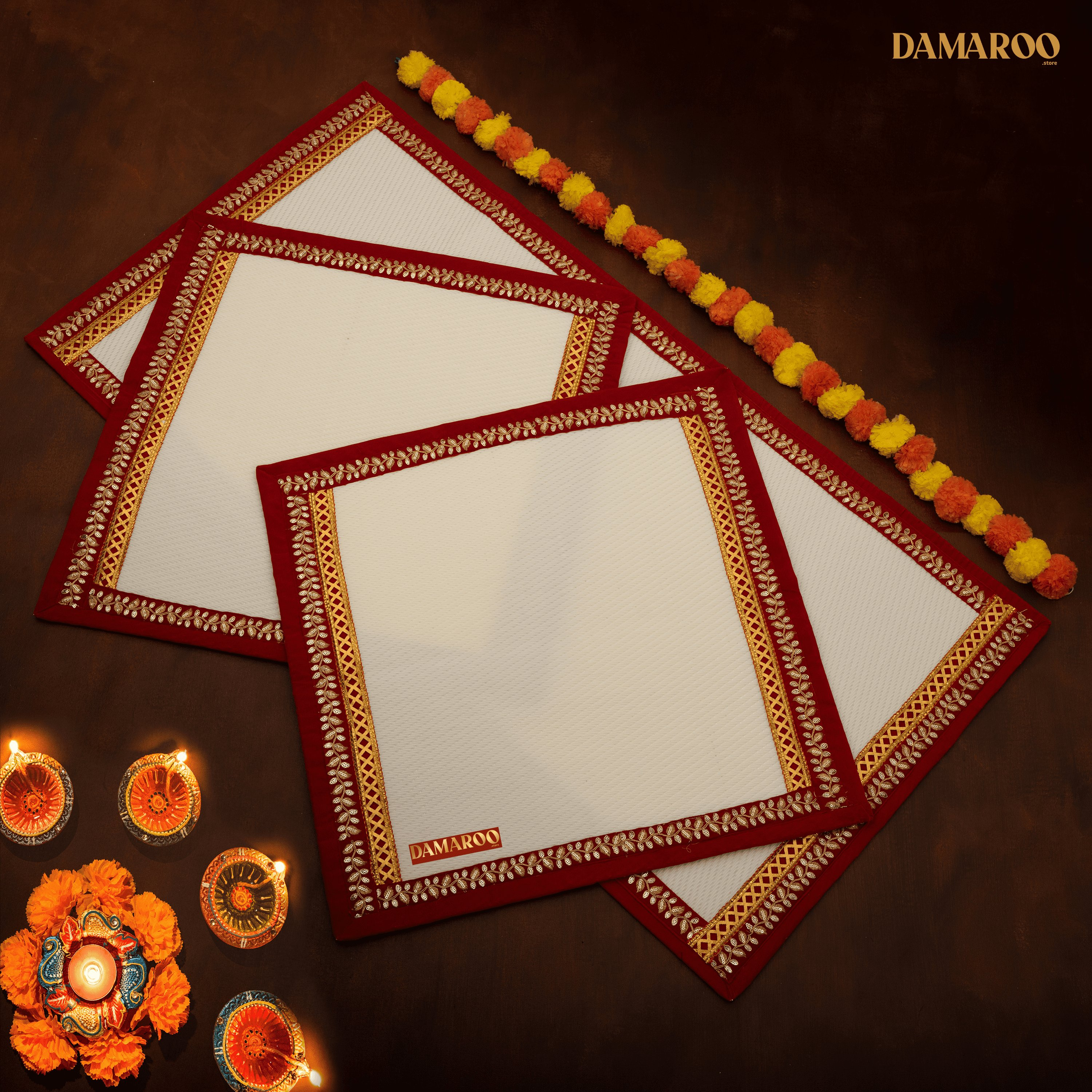 Damaroo Combo Pack of 3 | Exquisite Nylon Aasans & Mat | Red Sequins Border - Cream - Distacart