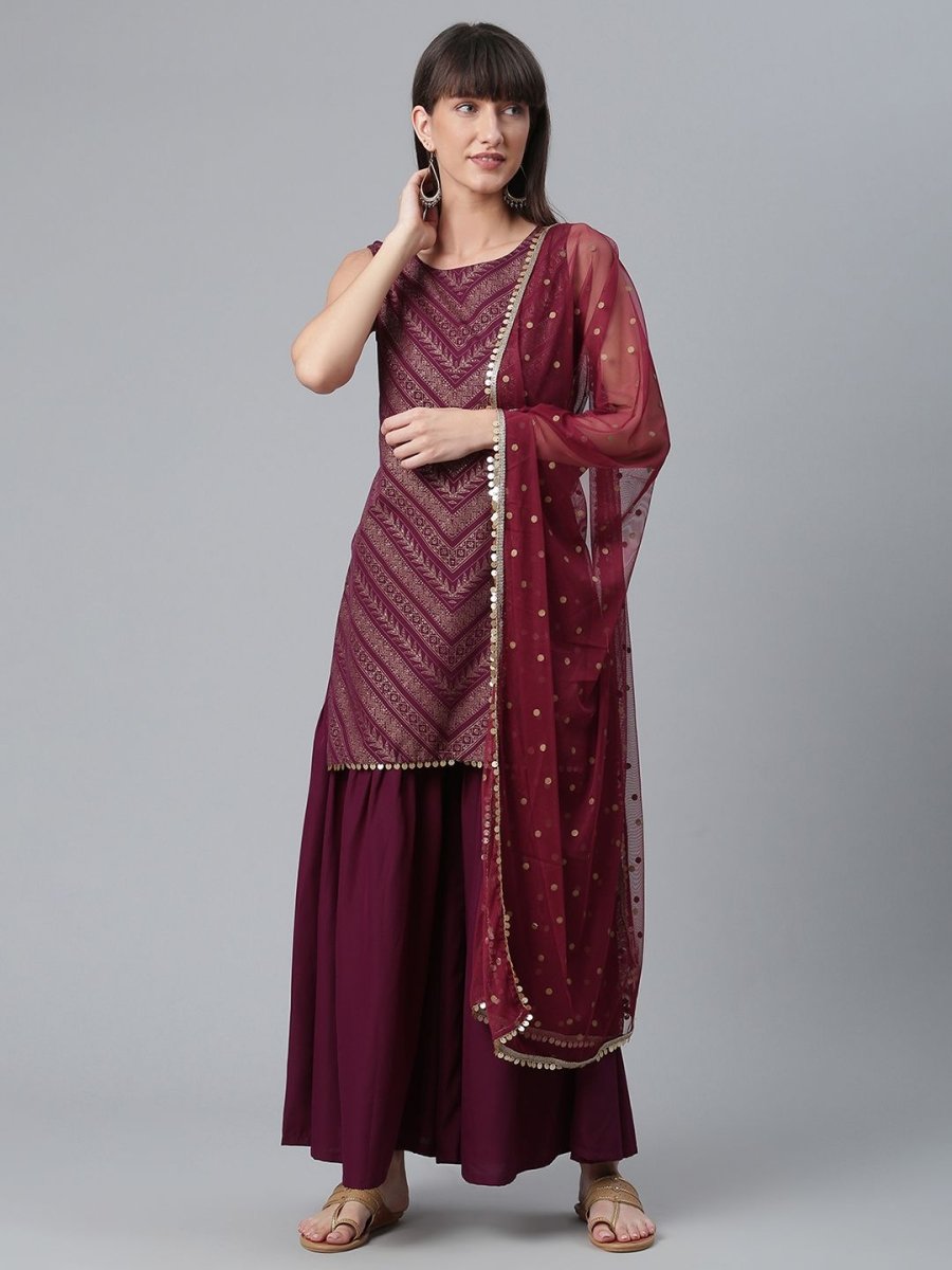 Ahalyaa Wine Crepe Glitter Print Kurta with Sharara and dupatta Set - Distacart