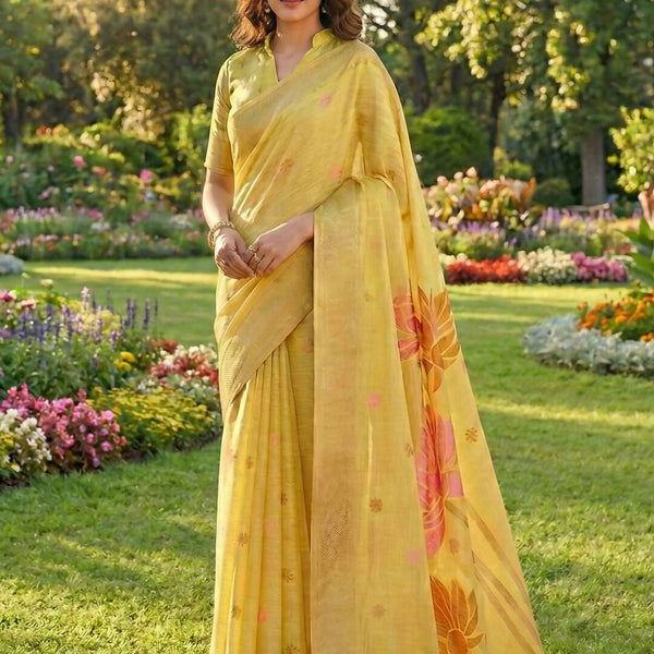 Shree Shyam Fashion Yellow Linen Cotton Saree - Distacart