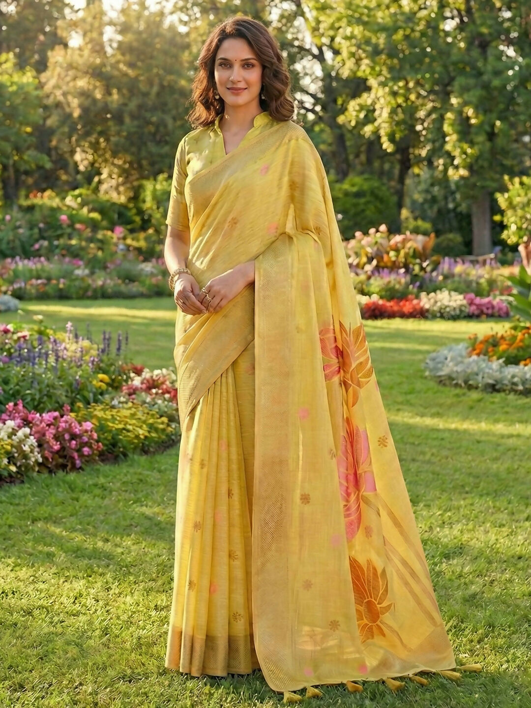 Astita Yellow Linen Cotton Saree - Distacart