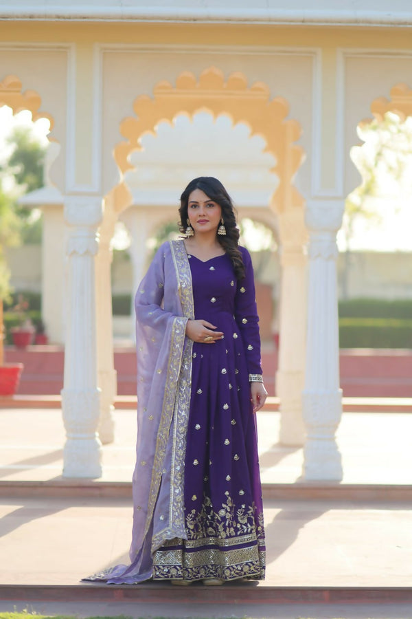 Preksha Creation Premium Designer Readymade Star Georgette With Embroidery Zari Sequins-Work Gown With Dupatta