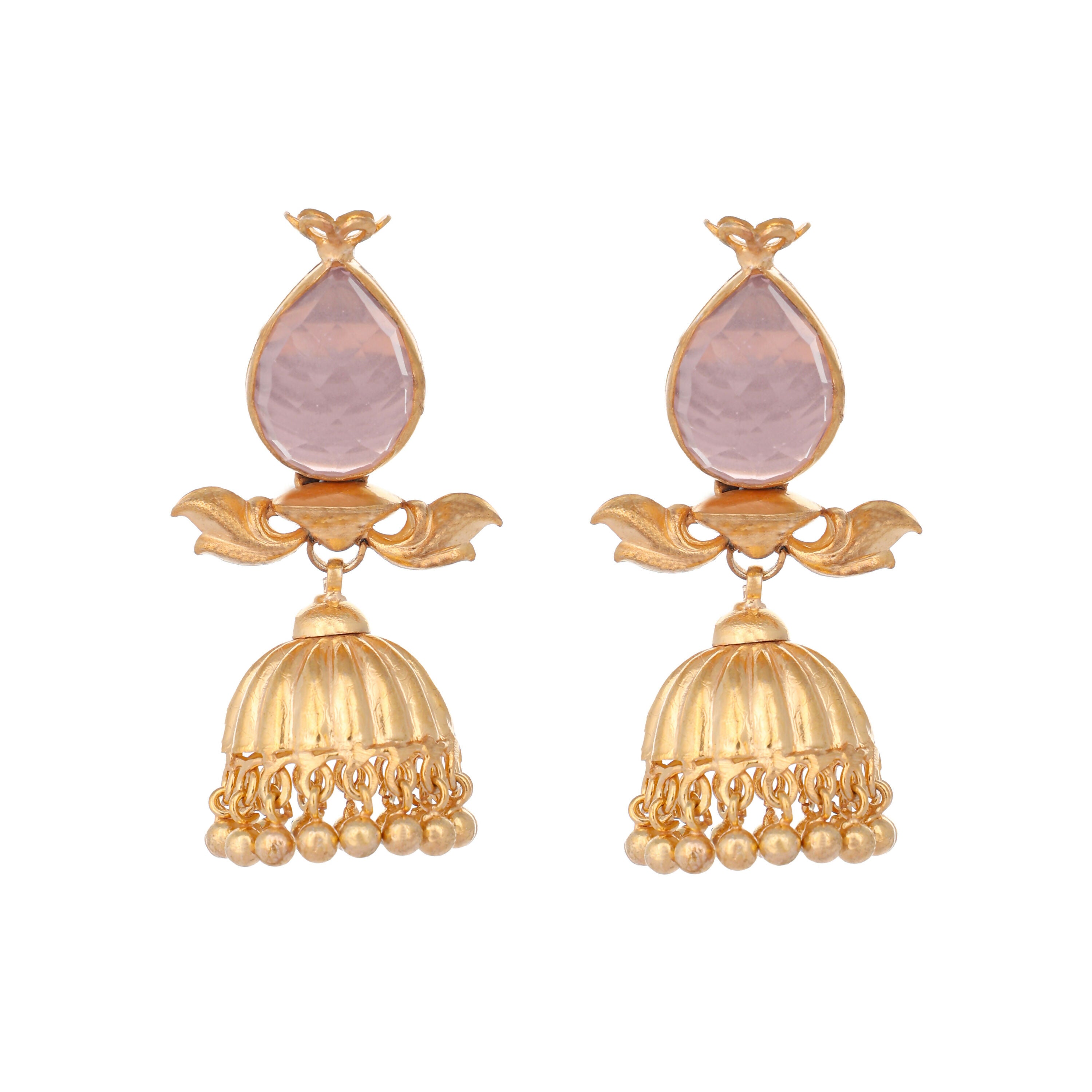Nuyug 22K Gold Plated Rose Quartz Stone Studded Ethnic Jhumkas