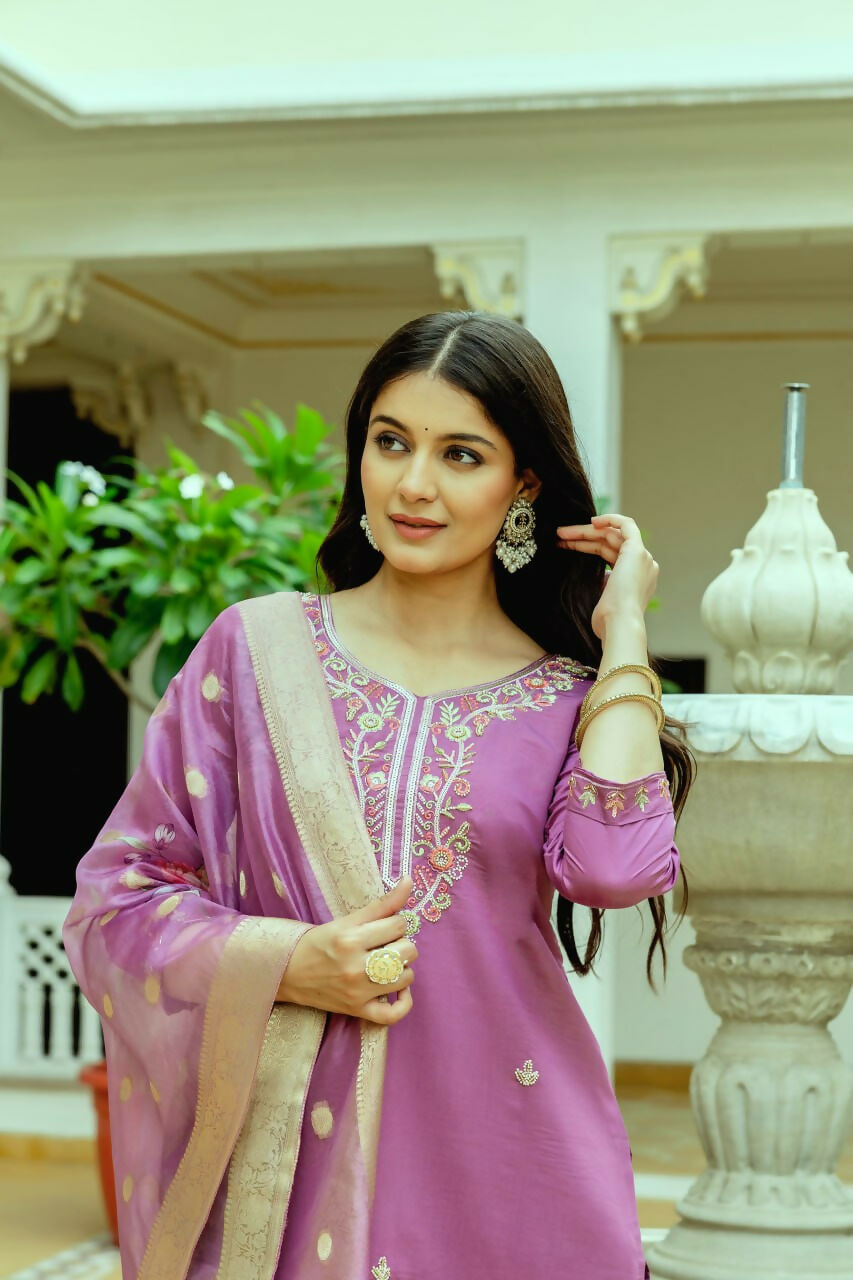 Preksha Creation Light Pink Viscose Chanderi Silk Embroidered Beads Kurta Set With Dupatta And Pant