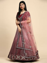 Thumbnail for Maroon Fancy Net Sequence Embroidered Lehenga Choli with Dupatta - Dhara - Distacart