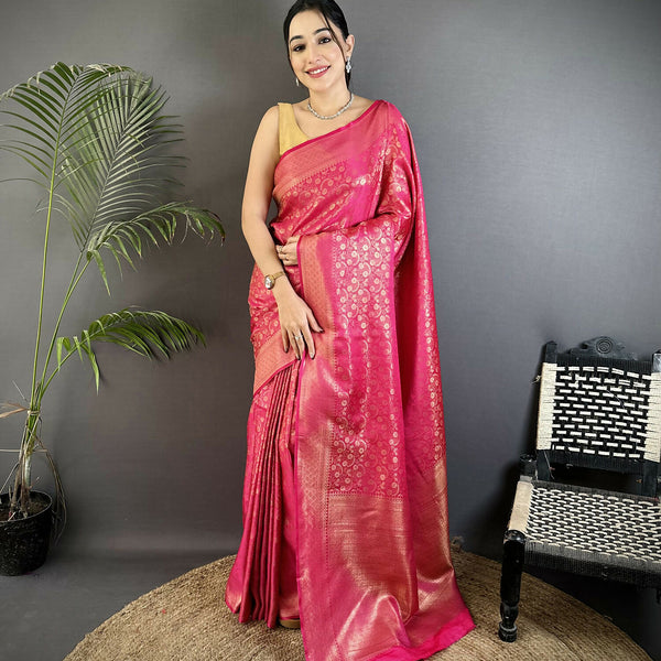 Joban Fashion Rani Pink Floral & Paisley Motifs Soft Satin Silk Banarasi Saree - Distacart