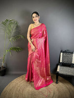 Thumbnail for Joban Fashion Rani Pink Floral & Paisley Motifs Soft Satin Silk Banarasi Saree - Distacart