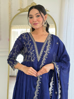 Thumbnail for The52 Blue Women's Beautiful Embroidered Vichitra Silk Fabric with Flared Kurta, Pant and Dupatta Set - Distacart