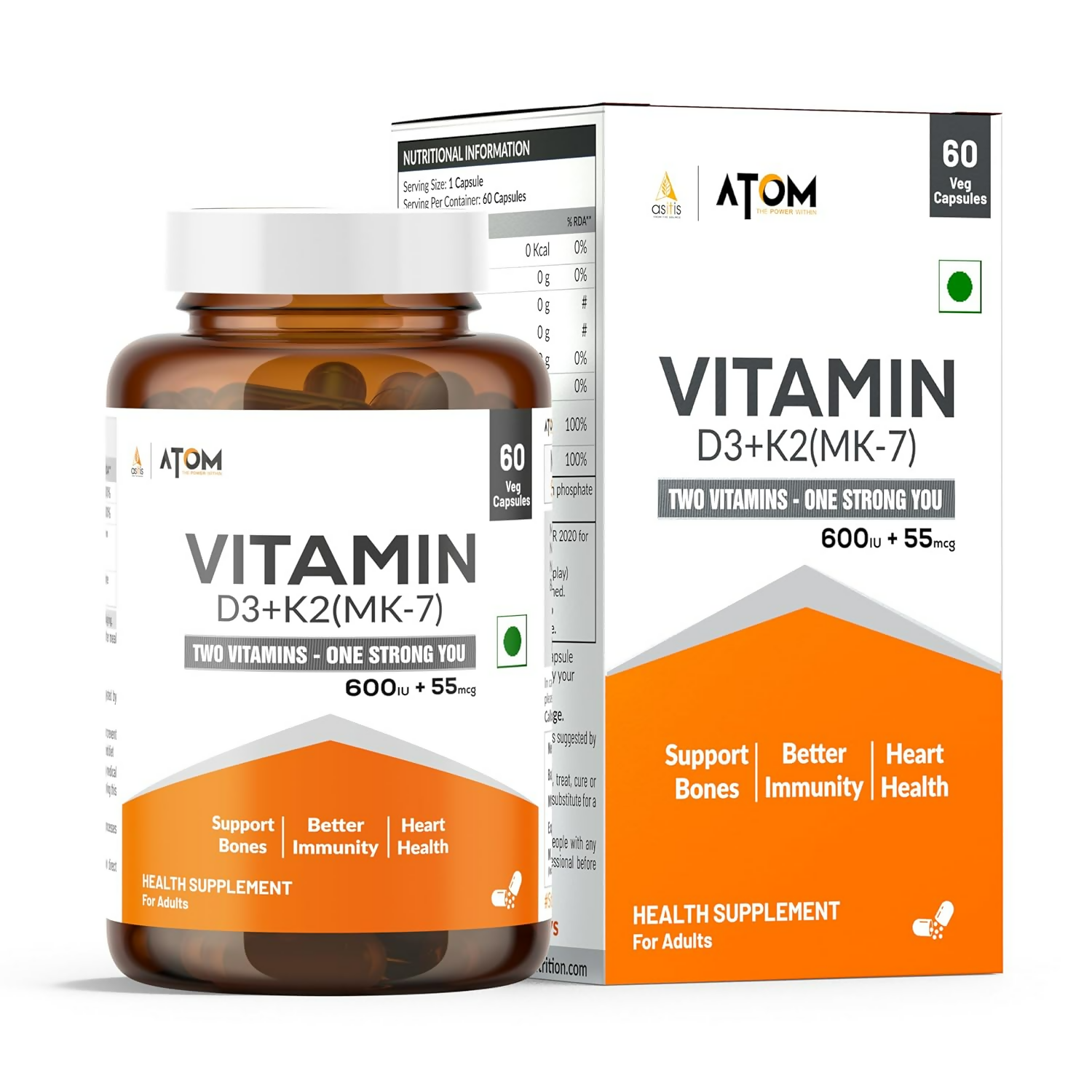 As-It-Is Atom Vitamin D3 & K2 (Mk-7) Veg Capsules