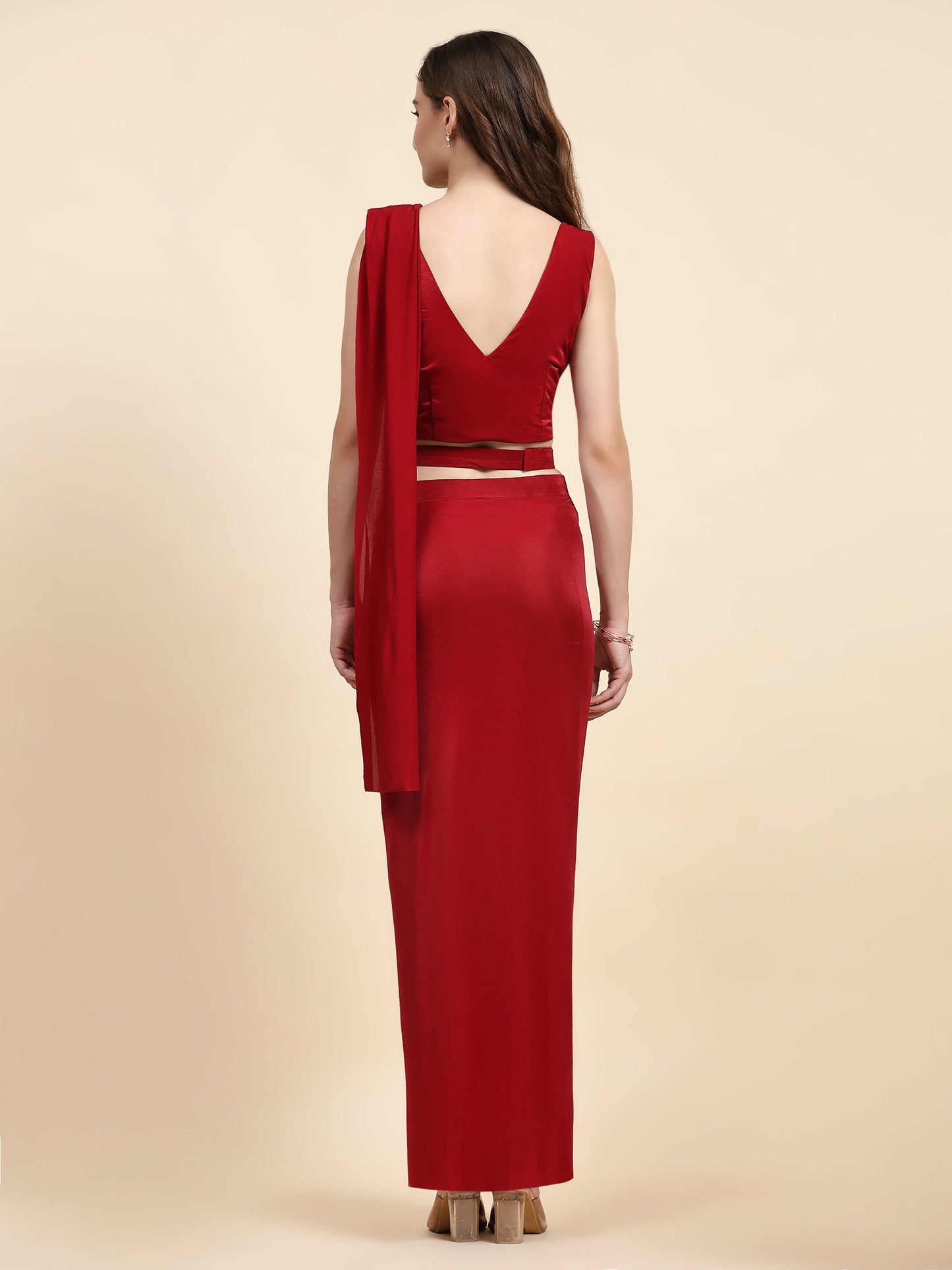 Red Imported Crystle Solid Ready to Wear Saree with stitched Blouse - Nita - Distacart