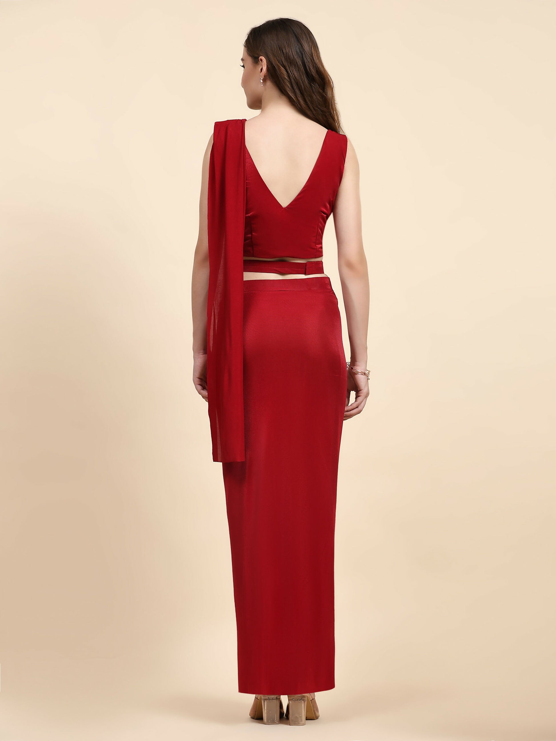 Red Imported Crystle Solid Ready to Wear Saree with stitched Blouse - Nita - Distacart
