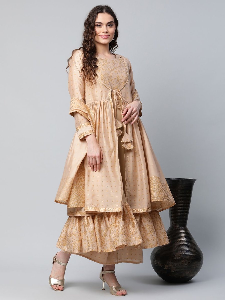 Ahalyaa Womens Beige Chanderi Kurta Palazzo Set with Dupatta - Distacart