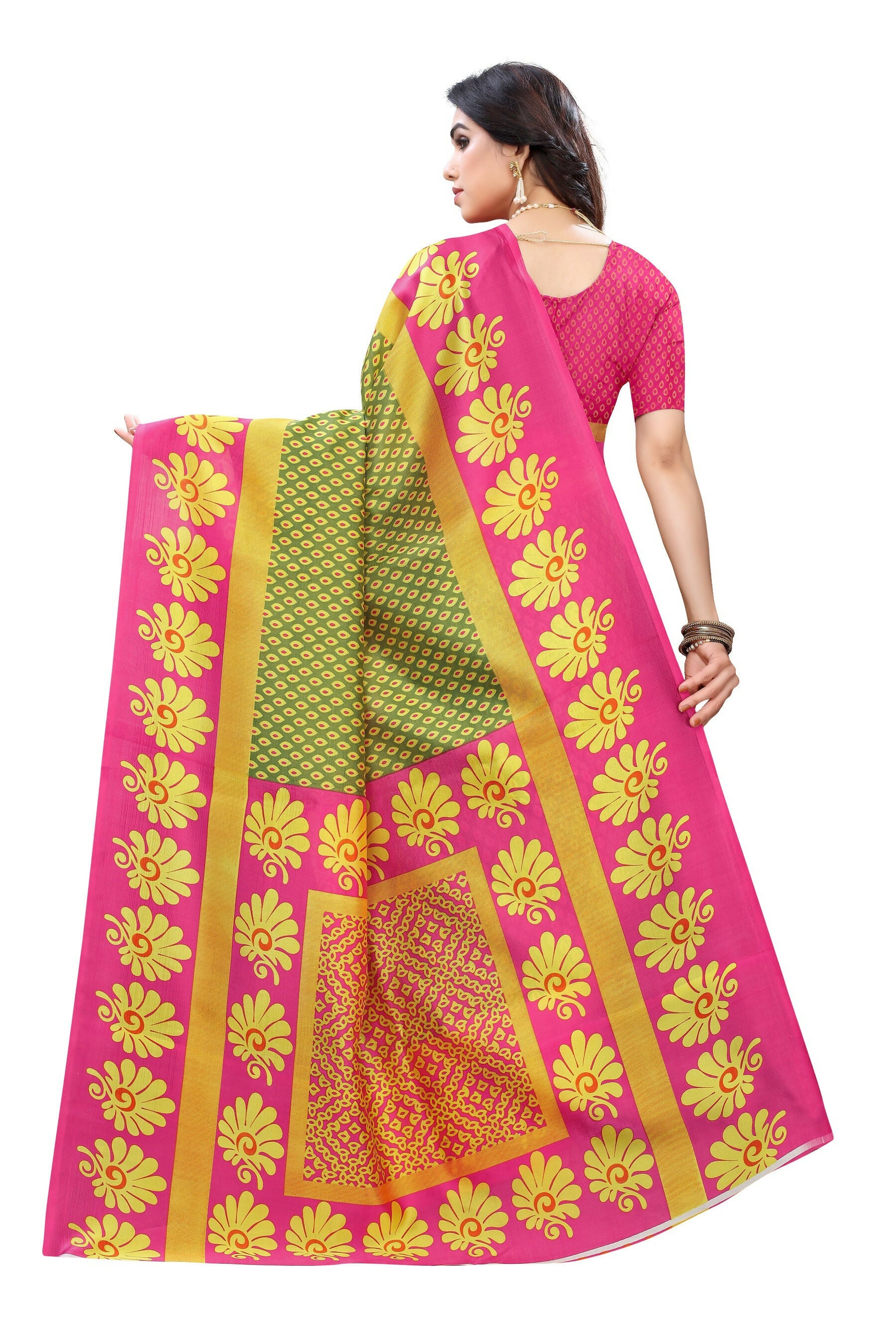 Vamika pink & green Printed Art Silk Saree - Distacart