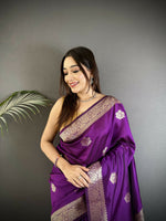 Thumbnail for Joban Fashion Purple Floral Jacquard Woven Design Cotton Silk Banarasi Silk Saree - Distacart