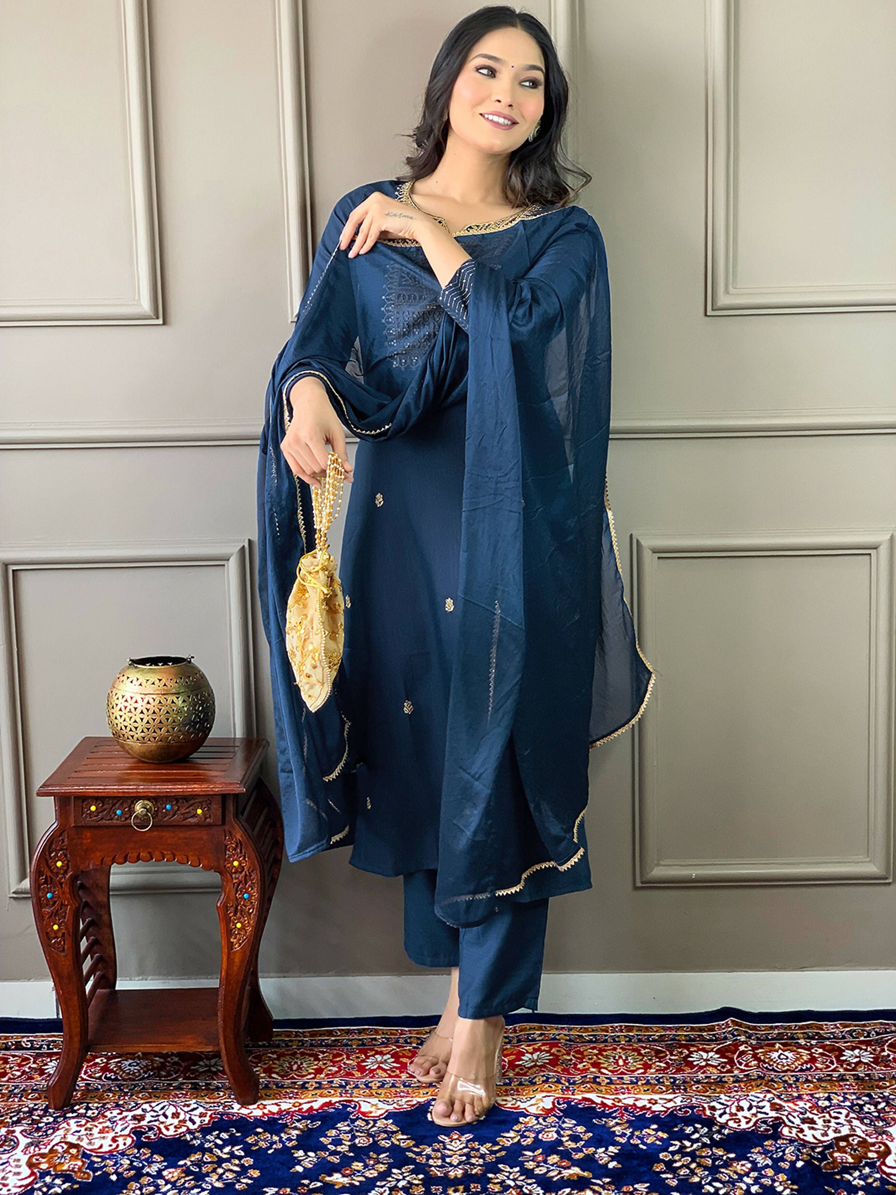 Partywear Designer Rayon Slub Blue Stitched Suit With Dupatta - Tanisha - Distacart