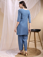 Thumbnail for Hand Embroidered & Painted Kurta With Pant, Blue - Hiral Fashion - Distacart