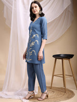 Thumbnail for Hand Embroidered & Painted Kurta With Pant, Blue - Hiral Fashion - Distacart