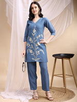 Thumbnail for Hand Embroidered & Painted Kurta With Pant, Blue - Hiral Fashion - Distacart