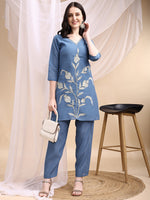Thumbnail for Hand Embroidered & Painted Kurta With Pant, Blue - Hiral Fashion - Distacart