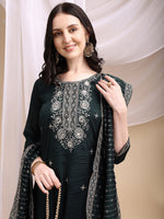 Thumbnail for Embroidered Anarkali Kurta With Pant & Embroidered Dupatta, Bottle-Green - Hiral Fashion - Distacart