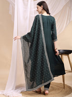 Thumbnail for Embroidered Anarkali Kurta With Pant & Embroidered Dupatta, Bottle-Green - Hiral Fashion - Distacart