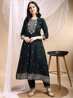 Thumbnail for Embroidered Anarkali Kurta With Pant & Embroidered Dupatta, Bottle-Green - Hiral Fashion - Distacart