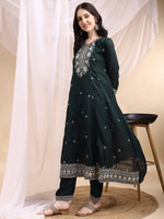 Thumbnail for Embroidered Anarkali Kurta With Pant & Embroidered Dupatta, Bottle-Green - Hiral Fashion - Distacart