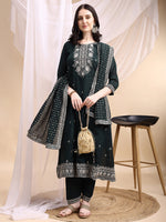 Thumbnail for Embroidered Anarkali Kurta With Pant & Embroidered Dupatta, Bottle-Green - Hiral Fashion - Distacart
